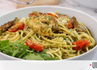 Σπαγγέτι με πανσέτα, ντοματίνια και πέστο βασιλικού