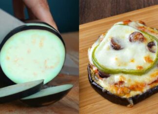 Μελιτζάνες στη λαδόκολλα με σάλτσα και τυριά, ψημένες στον φούρνο σαν πιτσάκια