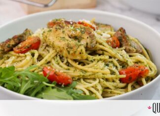 Σπαγγέτι με πανσέτα, ντοματίνια και πέστο βασιλικού