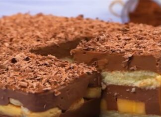 Μπανανογλυκό ψυγείου με σοκολάτα και μπισκότα έτοιμο σε 1′