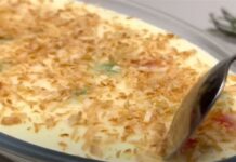 Κρεμώδες γλυκό ψυγείου με ζαχαρούχο γάλα και αποξηραμένα φρούτα έτοιμο σε 1′