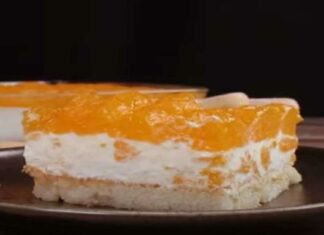 Φρουτένιο γλυκό ψυγείου με ροδάκινα, μπισκότα και άλλα 3 υλικά