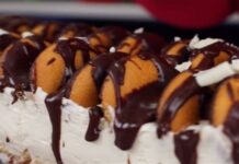 Δροσερό γλυκό ψυγείου με ζαχαρούχο γάλα και γεμιστά μπισκότα