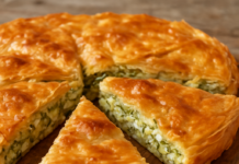 Αλμυρή πίτα με κολοκύθι χωρίς φούρνο, κομμένη σε κομμάτια πάνω σε ξύλινη επιφάνεια