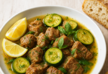 Λεμονάτο αρνάκι με κολοκυθάκια και φρέσκο δυόσμο σε λευκό πιάτο