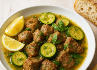 Λεμονάτο αρνάκι με κολοκυθάκια και φρέσκο δυόσμο σε λευκό πιάτο