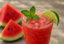 Δροσερό smoothie καρπούζι με μέντα και λάιμ Δροσερό smoothie καρπούζι με μέντα και λάιμ σε ποτήρι με πάγο