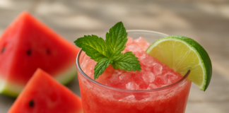 Δροσερό smoothie καρπούζι με μέντα και λάιμ σε ποτήρι με πάγο