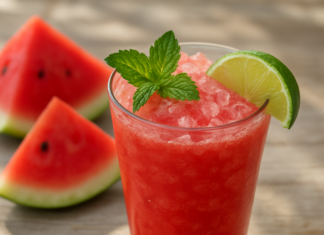 Δροσερό smoothie καρπούζι με μέντα και λάιμ Δροσερό smoothie καρπούζι με μέντα και λάιμ σε ποτήρι με πάγο