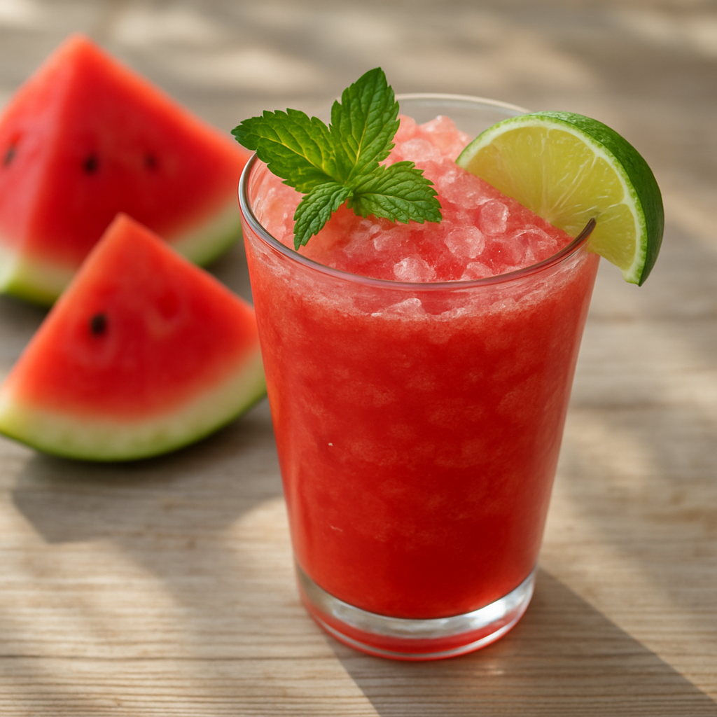 Δροσερό smoothie καρπούζι με μέντα και λάιμ σε ποτήρι με πάγο