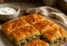 Λεπτή και αφράτη πίτα με μανιτάρια, γιαούρτι και μυρωδικά, κομμένη σε κομμάτια πάνω σε πιάτο