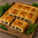 Καλοκαιρινή πίτα με μανιτάρια και ανθότυρο κομμένη σε κομμάτια, σε ξύλινη επιφάνεια, με φρέσκα μυρωδικά δίπλα
