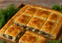 Καλοκαιρινή πίτα με μανιτάρια και ανθότυρο κομμένη σε κομμάτια, σε ξύλινη επιφάνεια, με φρέσκα μυρωδικά δίπλα