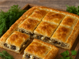 Καλοκαιρινή πίτα με μανιτάρια και ανθότυρο κομμένη σε κομμάτια, σε ξύλινη επιφάνεια, με φρέσκα μυρωδικά δίπλα