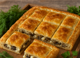 Καλοκαιρινή πίτα με μανιτάρια και ανθότυρο κομμένη σε κομμάτια, σε ξύλινη επιφάνεια, με φρέσκα μυρωδικά δίπλα
