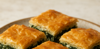 Καλοκαιρινή σπανακόπιτα σε τετράγωνα κομμάτια, με χρυσαφένια κρούστα και ορατό σπανάκι στο εσωτερικό