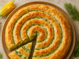 Στριφτή καλοκαιρινή πίτα με κολοκύθι, φέτα και δυόσμο σε ξύλινη επιφάνεια