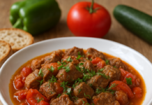 Καλοκαιρινό μοσχάρι με ντομάτα, πιπεριές και φρέσκα μυρωδικά σε πιάτο
