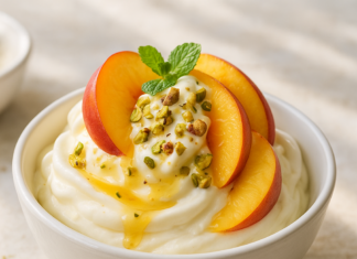 Παγωτό γιαούρτι με ροδάκινα και μέλι, το πιο δροσερό καλοκαιρινό γλυκό Παγωτό γιαούρτι με ροδάκινα και μέλι σε μπολ, με φρέσκες φέτες ροδάκινου και φύλλα δυόσμου