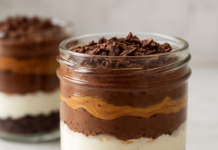 Σοκολατένιο cheesecake ποτήρι με γιαούρτι και φυστικοβούτυρο Σοκολατένιο cheesecake σε ποτήρι με στρώσεις γιαουρτιού, φυστικοβούτυρου και τριμμένου μπισκότου