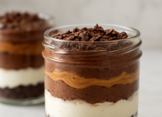 Σοκολατένιο cheesecake σε ποτήρι με στρώσεις γιαουρτιού, φυστικοβούτυρου και τριμμένου μπισκότου