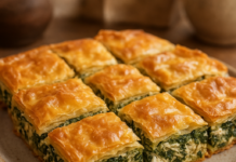 Σπανακόπιτα υψηλής πρωτεΐνης με κοτόπουλο, ανθότυρο και τραγανό φύλλο σε ξύλινη επιφάνεια