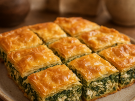 Σπανακόπιτα υψηλής πρωτεΐνης με κοτόπουλο, ανθότυρο και τραγανό φύλλο σε ξύλινη επιφάνεια
