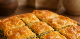 Σπανακόπιτα υψηλής πρωτεΐνης με κοτόπουλο, ανθότυρο και τραγανό φύλλο σε ξύλινη επιφάνεια