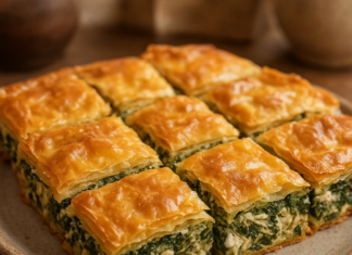 Σπανακόπιτα υψηλής πρωτεΐνης με κοτόπουλο, ανθότυρο και τραγανό φύλλο σε ξύλινη επιφάνεια