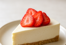 Υψηλής πρωτεΐνης cheesecake με φράουλες σε πιάτο