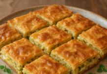 Χρυσαφένια χωριάτικη πίτα με πράσα, κασέρι και μυρωδικά Χρυσαφένια πίτα με πράσα και κασέρι κομμένη σε τετράγωνα κομμάτια σε πιατέλα