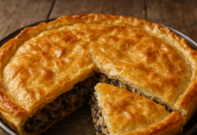 Σπιτική χρυσαφένια πίτα με μανιτάρια σε κομμάτια πάνω σε ξύλινη επιφάνεια