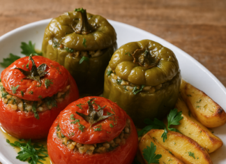 Γεμιστά για meal prep: το απόλυτο καλοκαιρινό μαγειρευτό που κρατάει 3 μέρες Καλοκαιρινά γεμιστά σε πιατέλα με ντομάτες, πιπεριές, μυρωδικά και ελαιόλαδο