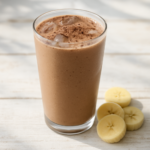 Δροσερό σοκολατένιο protein shake με μπανάνα σε ποτήρι με πάγο