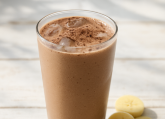 Δροσερό σοκολατένιο protein shake για το καλοκαίρι με μπανάνα και φυστικοβούτυρο Δροσερό σοκολατένιο protein shake με μπανάνα σε ποτήρι με πάγο