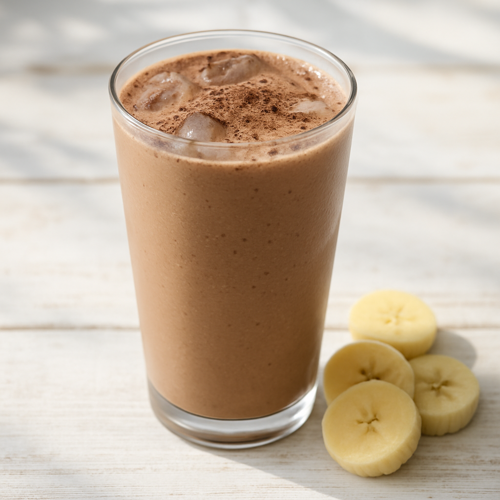 Δροσερό σοκολατένιο protein shake με μπανάνα σε ποτήρι με πάγο