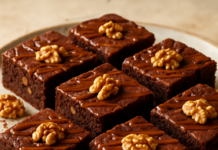 Καρύδινο brownie σοκολάτας σε κομμάτια με γυαλιστερή καραμέλα από πάνω, σε πιάτο σερβιρίσματος