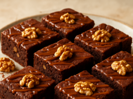 Καρύδινο brownie σοκολάτας σε κομμάτια με γυαλιστερή καραμέλα από πάνω, σε πιάτο σερβιρίσματος