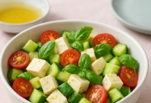 Κρύα σαλάτα με τόφου, αγγούρι, ντοματίνια και βασιλικό – ιδανική βίγκαν ιδέα για παιδιά το καλοκαίρι Κρύα σαλάτα με τόφου, αγγούρι, ντοματίνια και βασιλικό σε λευκό μπολ
