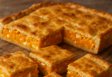 Σπιτική πίτα με κολοκύθα και cottage cheese, κομμένη σε κομμάτια σε ξύλινη επιφάνεια