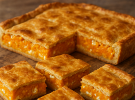 Σπιτική πίτα με κολοκύθα και cottage cheese, κομμένη σε κομμάτια σε ξύλινη επιφάνεια
