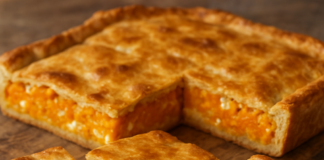 Σπιτική πίτα με κολοκύθα και cottage cheese, κομμένη σε κομμάτια σε ξύλινη επιφάνεια