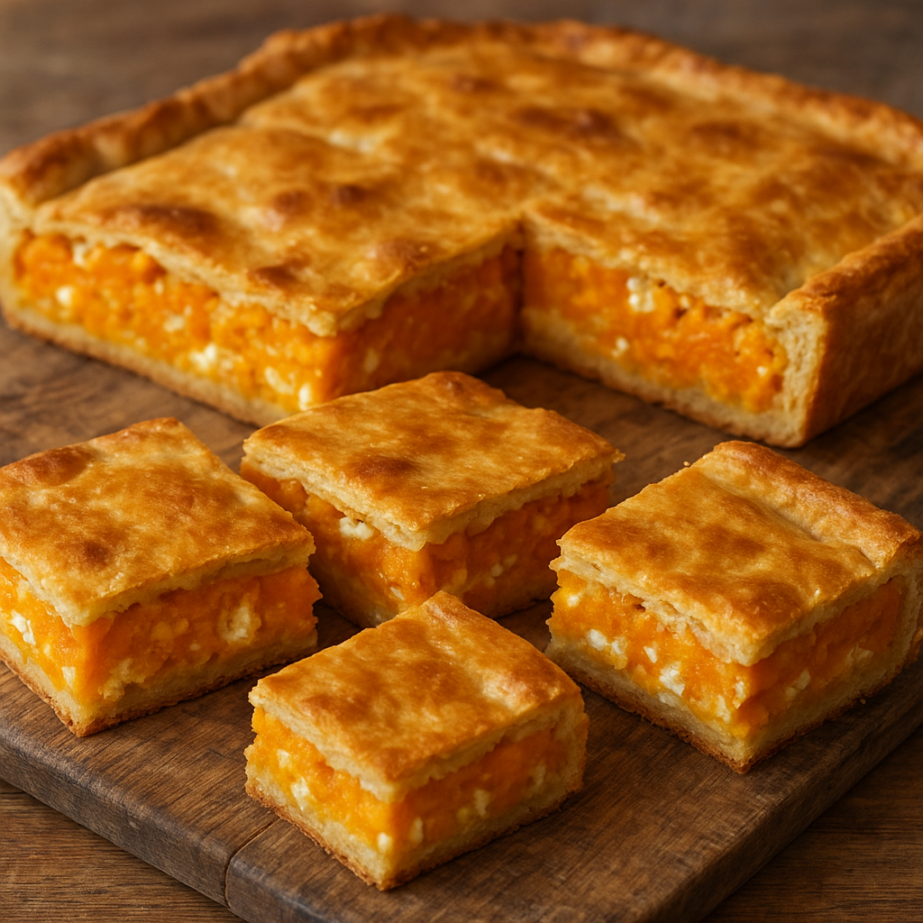 Σπιτική πίτα με κολοκύθα και cottage cheese, κομμένη σε κομμάτια σε ξύλινη επιφάνεια
