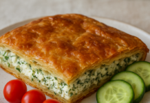 Καλοκαιρινή τυρόπιτα στο τηγάνι με τραγανό φύλλο, φέτα και φρέσκα μυρωδικά σε πιάτο