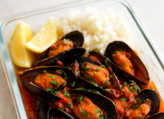 Meal prep μύδια με ντομάτα και φρέσκα μυρωδικά: δροσερό καλοκαιρινό πιάτο για όλη την εβδομάδα Μύδια μαγειρεμένα με ντομάτα και φρέσκα μυρωδικά σε μπολ meal prep